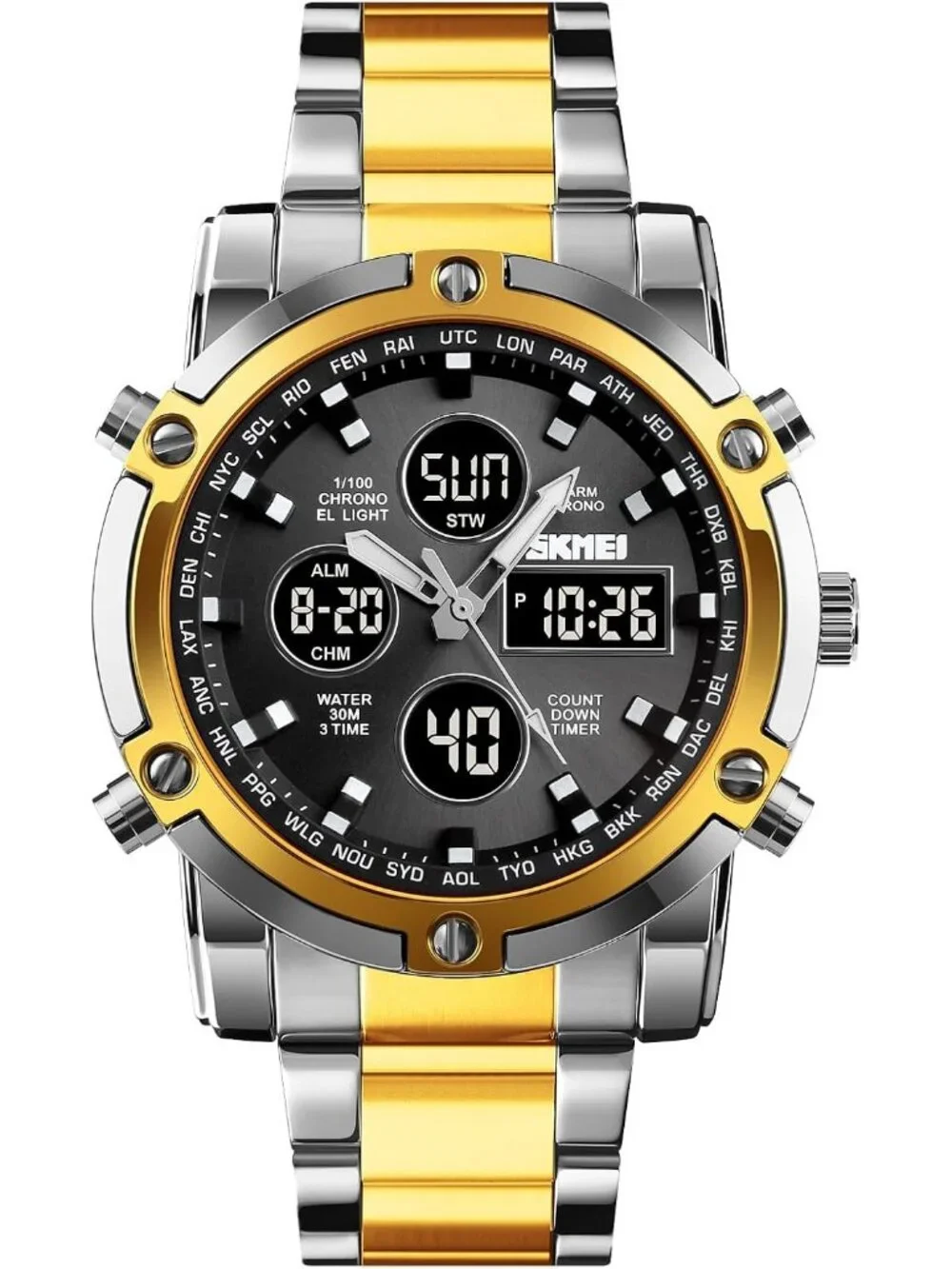 Men’s Two Tone Black Analog-Digital Stainless Steel Large Face Chronograph Watch